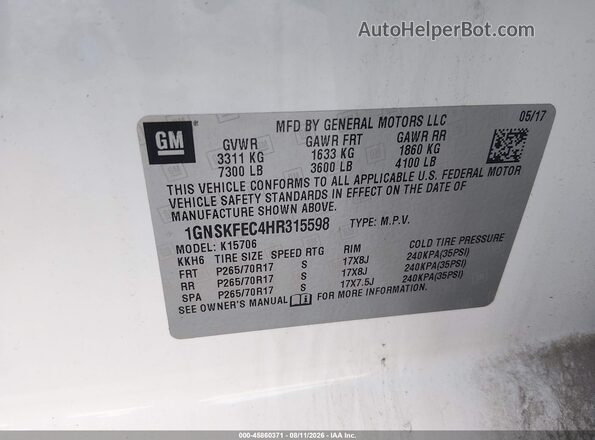1GNSKFEC4HR315598 2017 CHEVROLET TAHOE Белый Вид подкапотного пространства