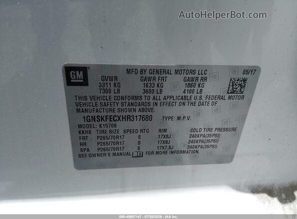 1GNSKFECXHR317680 2017 CHEVROLET TAHOE Белый Вид подкапотного пространства