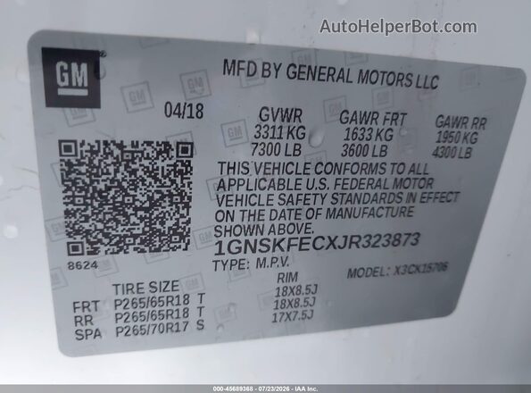 1GNSKFECXJR323873 2018 CHEVROLET TAHOE Белый Вид подкапотного пространства