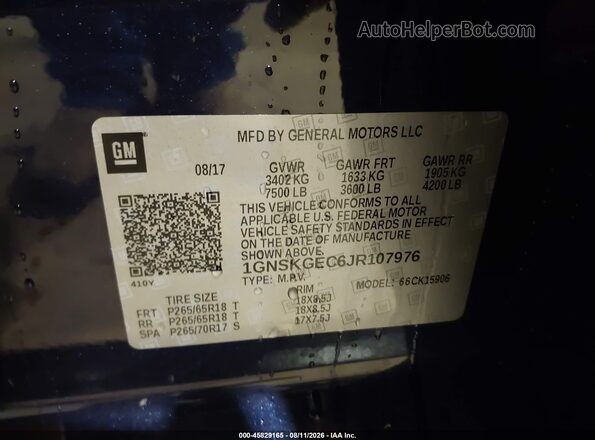 1GNSKGEC6JR107976 2018 CHEVROLET SUBURBAN Dark Blue Vista del compartimento del motor