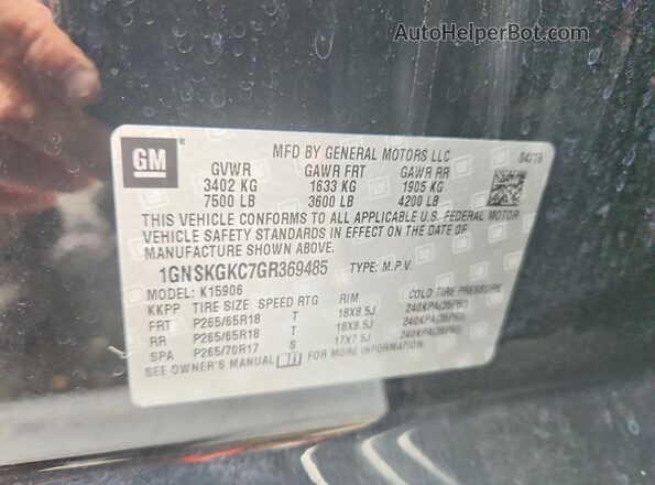 1GNSKGKC7GR369485 2016 CHEVROLET SUBURBAN Black Widok naklejki z numerem VIN