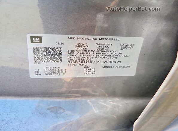 1GNSKGKC7LR303321 2020 CHEVROLET SUBURBAN Gray VIN კოდის სტიკერის ხედი
