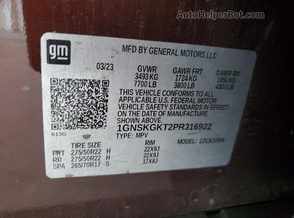1GNSKGKT2PR316922 2023 CHEVROLET SUBURBAN Brown Vista de la etiqueta del VIN