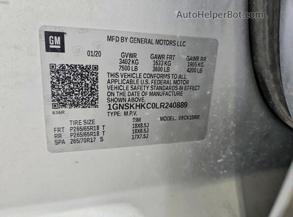1GNSKHKC0LR240889 2020 CHEVROLET SUBURBAN Серебряный Вид наклейки с VIN-кодом