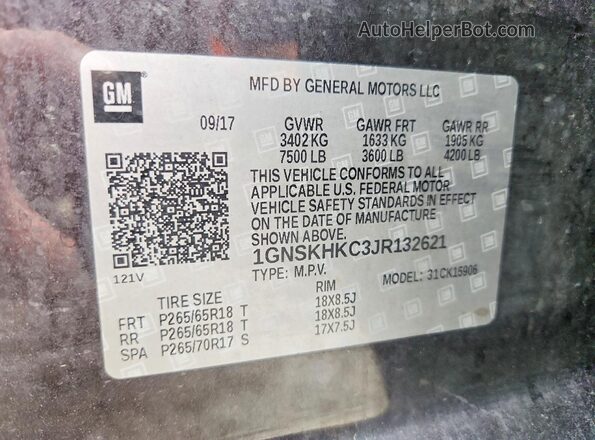 1GNSKHKC3JR132621 2018 CHEVROLET SUBURBAN Gray Вид наклейки з VIN-кодом