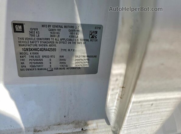 1GNSKHKC4GR442589 2016 CHEVROLET SUBURBAN White Вид наклейки з VIN-кодом