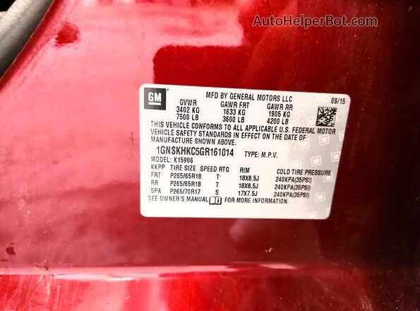 1GNSKHKC5GR161014 2016 CHEVROLET SUBURBAN Maroon VIN sticker view
