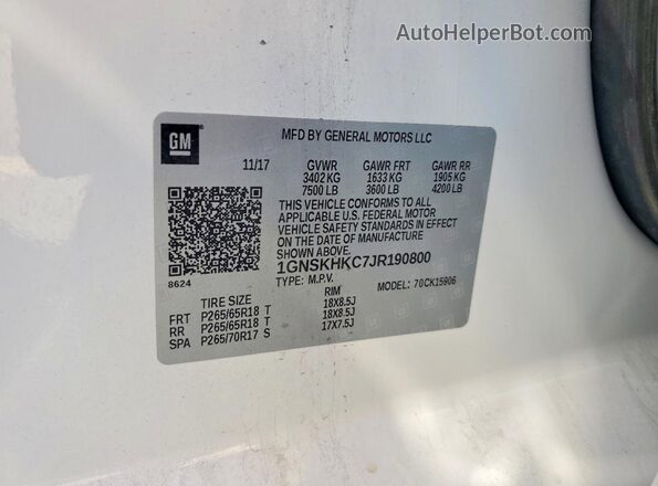 1GNSKHKC7JR190800 2018 CHEVROLET SUBURBAN White Vista de la etiqueta del VIN