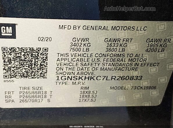 1GNSKHKC7LR260833 2020 CHEVROLET SUBURBAN Black ძრავის განყოფილების ხედი
