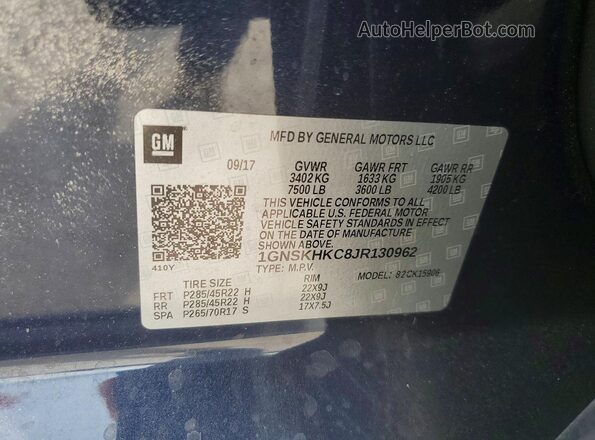 1GNSKHKC8JR130962 2018 CHEVROLET SUBURBAN Синий Вид наклейки с VIN-кодом