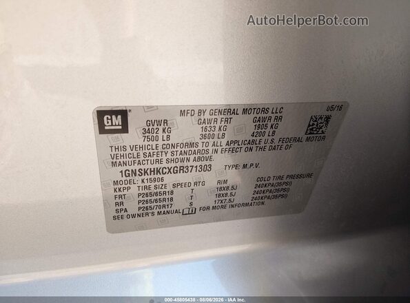 1GNSKHKCXGR371303 2016 CHEVROLET SUBURBAN Silver Vista del compartimento del motor