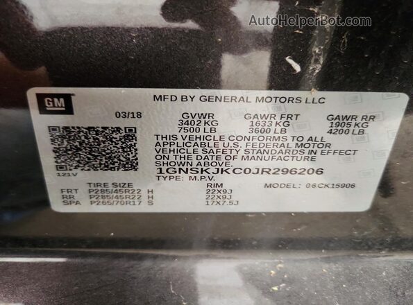 1GNSKJKC0JR296206 2018 CHEVROLET SUBURBAN Gray Vista interior de 360 grados