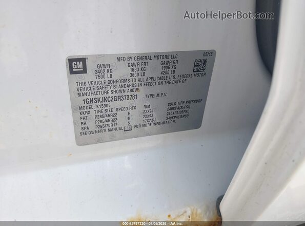 1GNSKJKC2GR373781 2016 CHEVROLET SUBURBAN White ძრავის განყოფილების ხედი