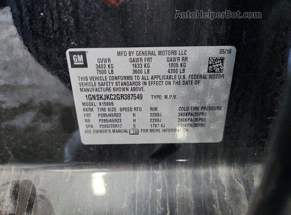 1GNSKJKC2GR387549 2016 CHEVROLET SUBURBAN Black Vista de la etiqueta del VIN