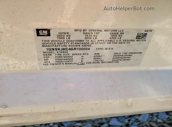 1GNSKJKC4GR100034 2016 CHEVROLET SUBURBAN Gold Widok naklejki z numerem VIN