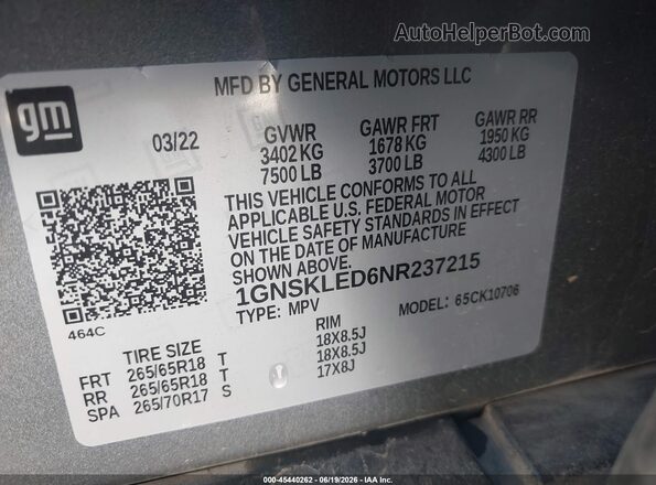 1GNSKLED6NR237215 2022 CHEVROLET TAHOE Gray Vista del compartimento del motor