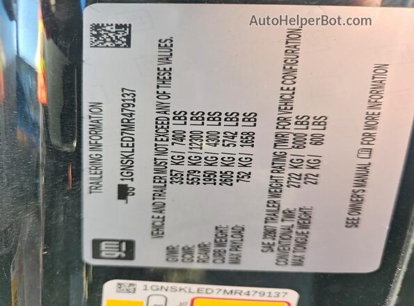 1GNSKLED7MR479137 2021 CHEVROLET TAHOE Black Vista de la etiqueta del VIN