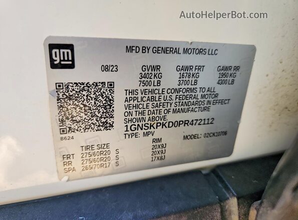1GNSKPKD0PR472112 2023 CHEVROLET TAHOE White Widok naklejki z numerem VIN