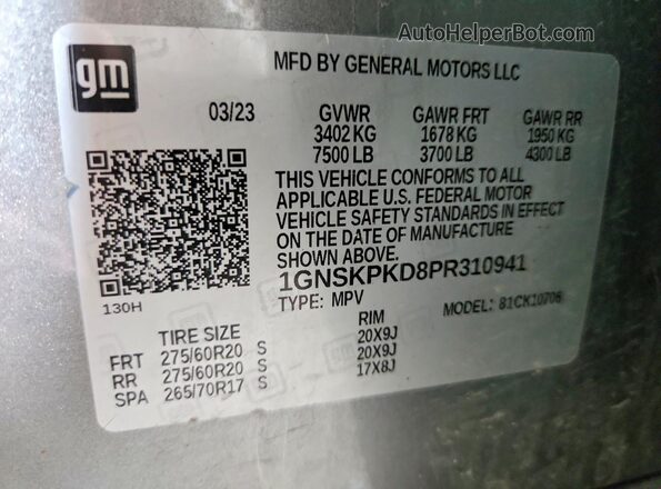 1GNSKPKD8PR310941 2023 CHEVROLET TAHOE Gray VIN კოდის სტიკერის ხედი