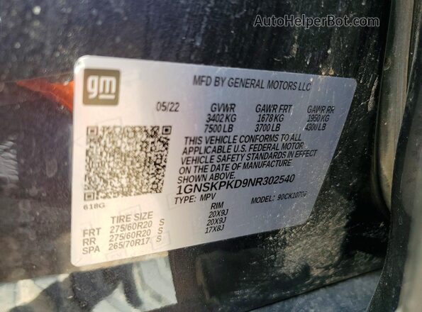 1GNSKPKD9NR302540 2022 CHEVROLET TAHOE Black VIN կոդի պիտակի տեսք