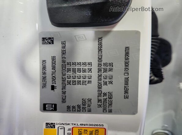 1GNSKTKL4NR302655 2022 CHEVROLET TAHOE White Вид наклейки з VIN-кодом