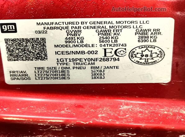 1GT19PEY0NF268794 2022 GMC SIERRA Red Engine compartment view