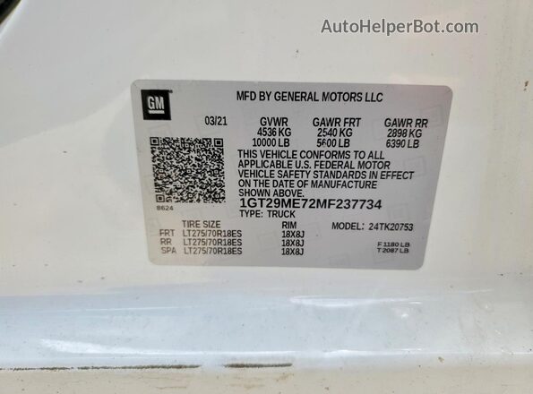 1GT29ME72MF237734 2021 GMC SIERRA White Вид підкапотного простору