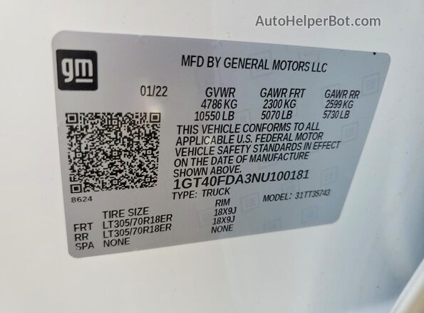 1GT40FDA3NU100181 2022 GMC HUMMER White VIN კოდის სტიკერის ხედი