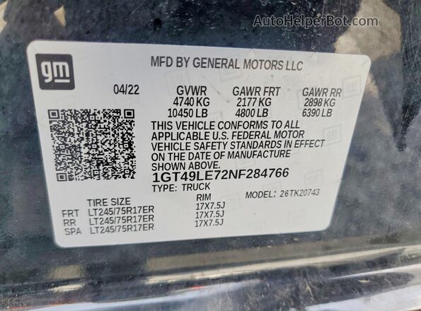 1GT49LE72NF284766 2022 GMC SIERRA Black Vista de la etiqueta del VIN