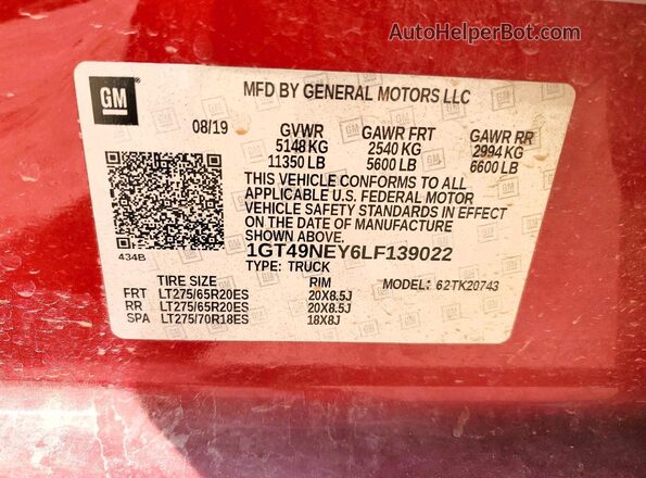 1GT49NEY6LF139022 2020 GMC SIERRA Red VIN կոդի պիտակի տեսք