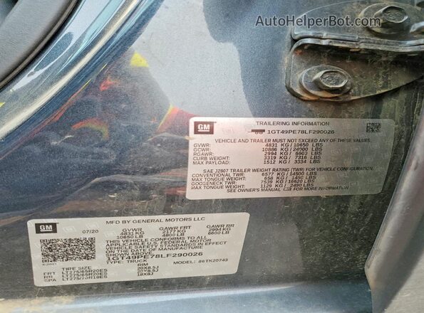 1GT49PE78LF290026 2020 GMC SIERRA Blue VIN կոդի պիտակի տեսք