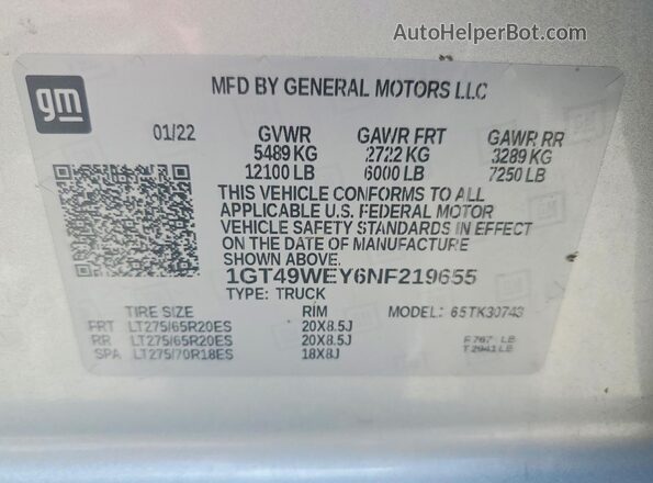 1GT49WEY6NF219655 2022 GMC SIERRA Silver Вид наклейки з VIN-кодом