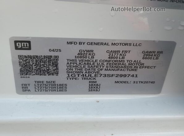 1GT4ULE73SF299741 2025 GMC SIERRA White VIN sticker view