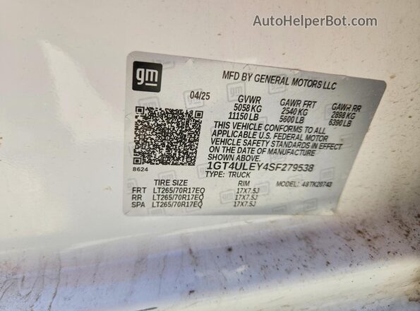 1GT4ULEY4SF279538 2025 GMC SIERRA White VIN კოდის სტიკერის ხედი