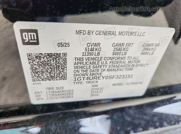 1GT4UREY0SF323151 2025 GMC SIERRA Black Widok naklejki z numerem VIN