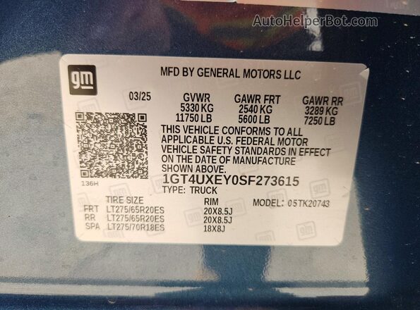 1GT4UXEY0SF273615 2025 GMC SIERRA Blue VIN sticker view