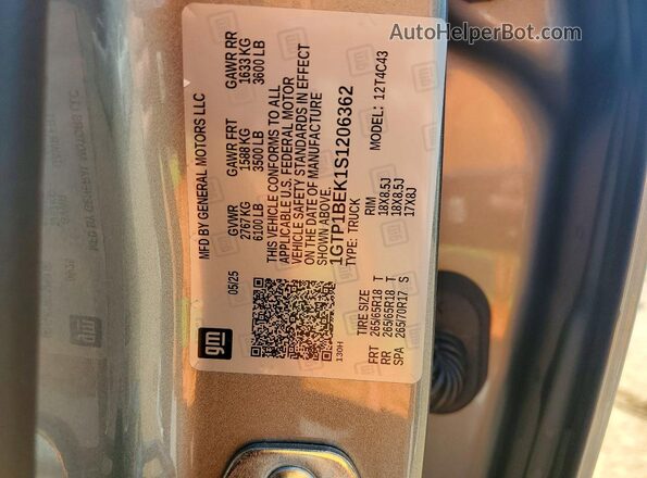 1GTP1BEK1S1206362 2025 GMC CANYON Gray VIN კოდის სტიკერის ხედი