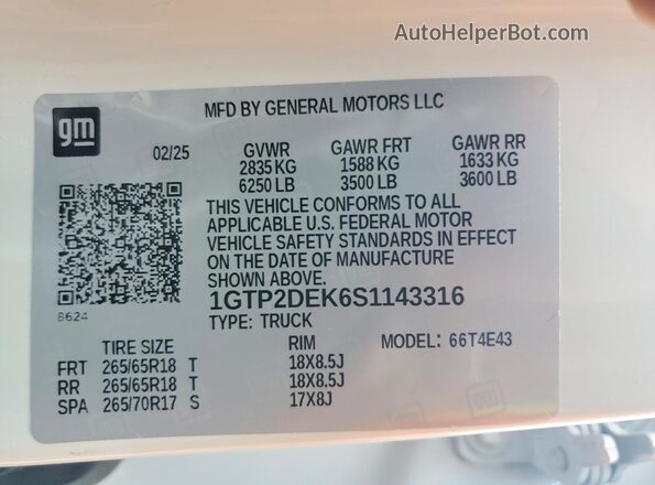 1GTP2DEK6S1143316 2025 GMC CANYON White Vista del compartimento del motor
