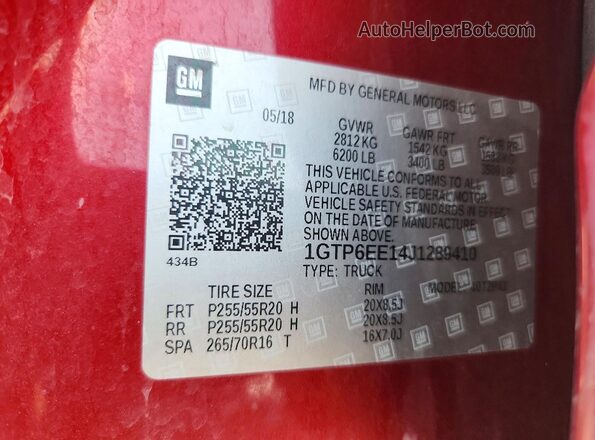 1GTP6EE14J1289410 2018 GMC CANYON Red VIN կոդի պիտակի տեսք