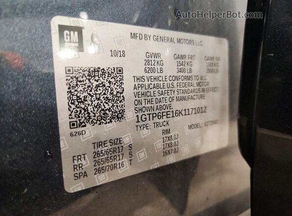 1GTP6FE16K1171012 2019 GMC CANYON Blue Вид наклейки з VIN-кодом