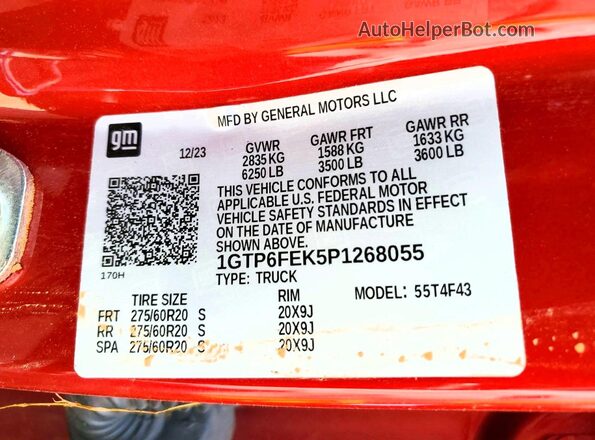 1GTP6FEK5P1268055 2023 GMC CANYON Red Вид наклейки з VIN-кодом