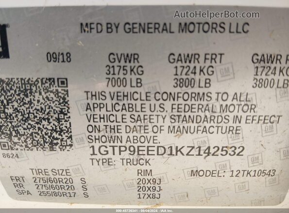 1GTP9EED1KZ142532 2019 GMC SIERRA Белый Вид подкапотного пространства