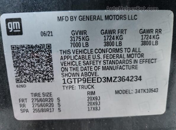 1GTP9EED3MZ364234 2021 GMC SIERRA Charcoal Vista de la etiqueta del VIN