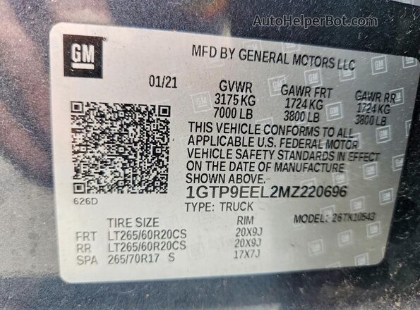 1GTP9EEL2MZ220696 2021 GMC SIERRA Teal Widok naklejki z numerem VIN