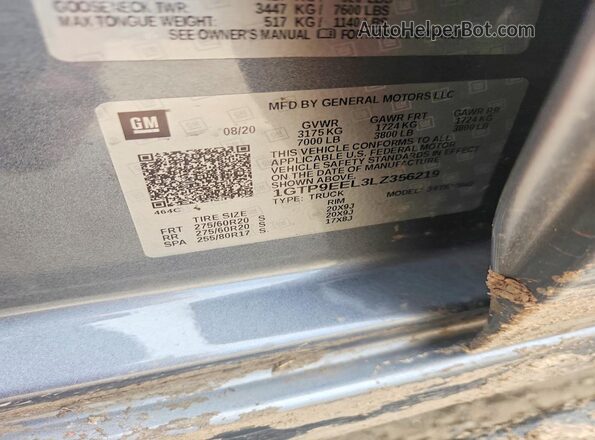1GTP9EEL3LZ356219 2020 GMC SIERRA Gray Շարժիչի բաժամունքի տեսք