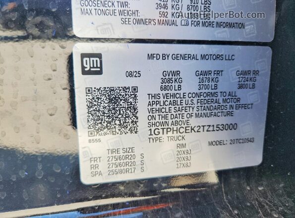 1GTPHCEK2TZ153000 2026 GMC SIERRA Black Widok naklejki z numerem VIN