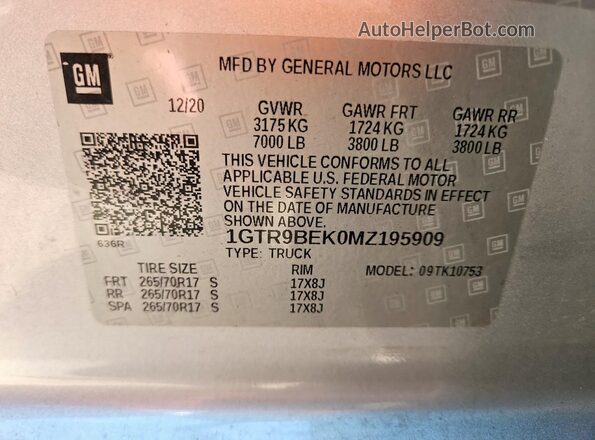 1GTR9BEK0MZ195909 2021 GMC SIERRA Silver Vista de la etiqueta del VIN