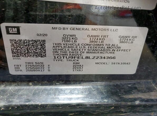 1GTU9FEL8LZ234366 2020 GMC SIERRA Black Widok naklejki z numerem VIN