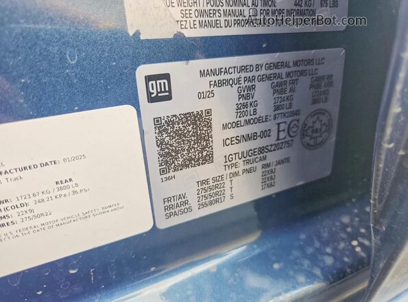 1GTUUGE88SZ202757 2025 GMC SIERRA Blue VIN კოდის სტიკერის ხედი