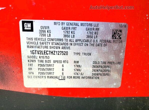 1GTV2LEC7HZ127520 2017 GMC SIERRA Red Vista del compartimento del motor